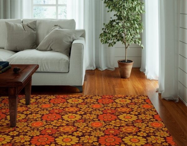 1970s Style Area Rug, Mid-century 70s Rug for Living Room - Retro Floral Area Rug for 70s Style Bedroom Living Room Aesthetic