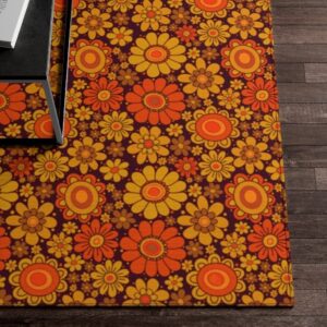 1970s Style Area Rug, Mid-century 70s Rug for Living Room - Retro Floral Area Rug for 70s Style Bedroom Living Room Aesthetic