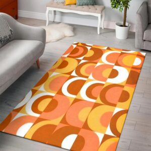 1970s Style Area Rug, Mid-century 70s Rug for Living Room - Retro Large Orange Brown And White 70's Pattern Area Rug