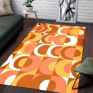 1970s Style Area Rug, Mid-century 70s Rug for Living Room - Retro Large Orange Brown And White 70's Pattern Area Rug
