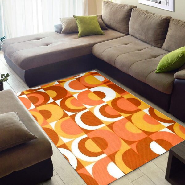 1970s Style Area Rug, Mid-century 70s Rug for Living Room - Retro Large Orange Brown And White 70's Pattern Area Rug