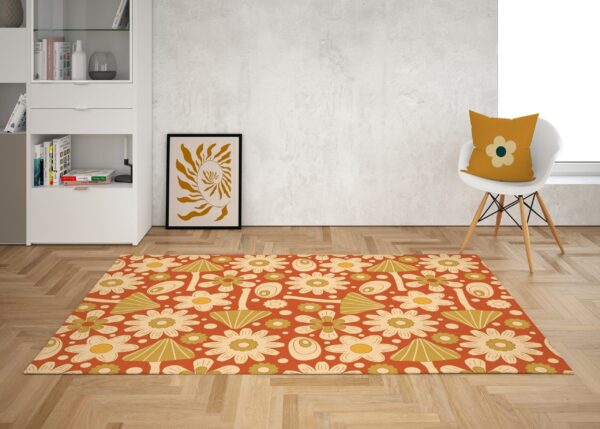 1970s Style Area Rug, Mid-century 70s Rug for Living Room - Retro Mushroom Graphic with 70s Style Area Rug, Psychedelic Groovy Rug for Bedroom Aesthetic, Y2K Dorm Decor