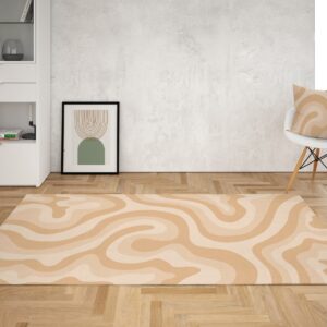 1970s Style Area Rug, Mid-century 70s Rug for Living Room - Retro Neutral Beige Wavy Aesthetic 70's Area Rug for Bedroom, Living Room, College Dorm Room Décor