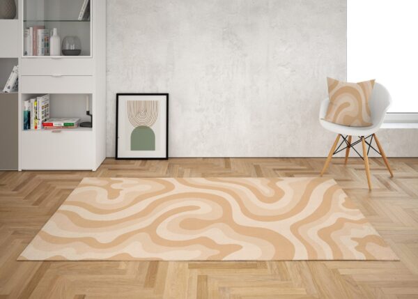 1970s Style Area Rug, Mid-century 70s Rug for Living Room - Retro Neutral Beige Wavy Aesthetic 70's Area Rug for Bedroom, Living Room, College Dorm Room Décor