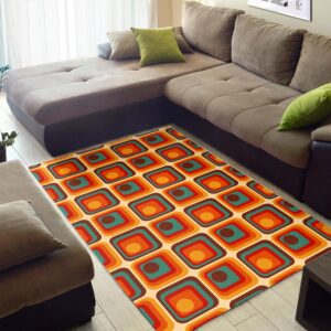 1970s Style Area Rug, Mid-century 70s Rug for Living Room - Retro Orange 70s Pattern Style Area Rug