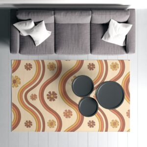 1970s Style Area Rug, Mid-century 70s Rug for Living Room - Retro Orange Yellow Rust Beige Colorful 70s Style Area Rug