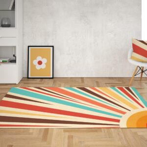 1970s Style Area Rug, Mid-century 70s Rug for Living Room - Retro Sunburst Psychedelic Groovy 70s Area Rug for Living Room