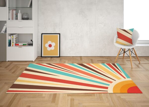 1970s Style Area Rug, Mid-century 70s Rug for Living Room - Retro Sunburst Psychedelic Groovy 70s Area Rug for Living Room