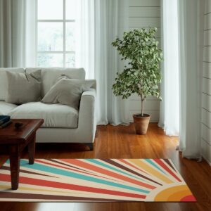 1970s Style Area Rug, Mid-century 70s Rug for Living Room - Retro Sunburst Psychedelic Groovy 70s Area Rug for Living Room