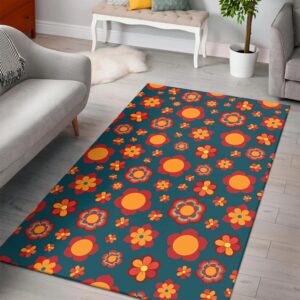 1970s Style Area Rug, Mid-century 70s Rug for Living Room - Teal 1970s Colors Flower Power Sacred Geometry Seamless Carpet Pattern