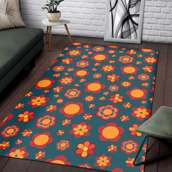 1970s Style Area Rug, Mid-century 70s Rug for Living Room - Teal 1970s Colors Flower Power Sacred Geometry Seamless Carpet Pattern