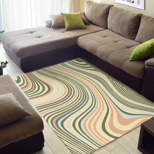 1970s Style Area Rug, Mid-century 70s Rug for Living Room - Vintage Green And Orange Cream Groovy Abstract Swirl Pattern Area Rugs