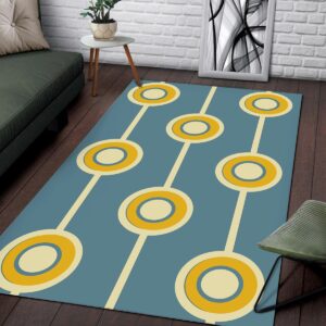 1970s Style Area Rug, Mid-century 70s Rug for Living Room - Vintage Retro Groovy Hippie Circle Classic Mustard Yellow Pale Green Photographic 70s Style Area Rug