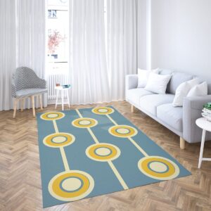 1970s Style Area Rug, Mid-century 70s Rug for Living Room - Vintage Retro Groovy Hippie Circle Classic Mustard Yellow Pale Green Photographic 70s Style Area Rug