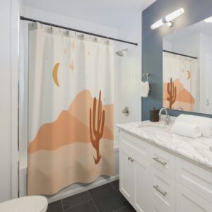 Abstract Desert Mountains Shower Curtain, Boho Brown Cream Earth Tones Bath Curtain, Mid Century Modern Bohemian Bathroom