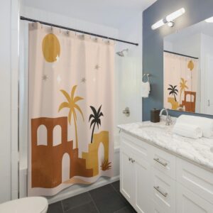 Abstract Desert Ruins Shower Curtain, Boho Shower Curtain, Mid Century Modern Shower, Palm Trees Shower Curtain