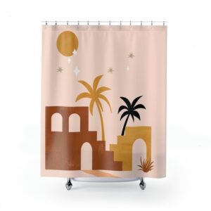 Abstract Desert Ruins Shower Curtain, Boho Shower Curtain, Mid Century Modern Shower, Palm Trees Shower Curtain
