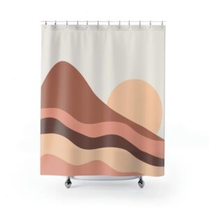 Abstract Mountains Shower Curtain, Brown Yellow Earth Tones Bath Curtain, Mid Century Modern Bohemian Bathroom Decor