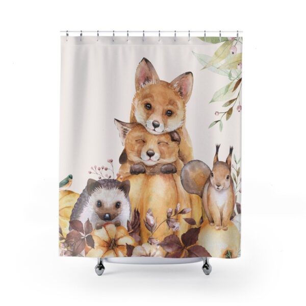 Animal Shower Curtain, Children Bathroom Shower Curtain Print, Kids Bath Design, Fox, Hedgehog, Squirrel Print