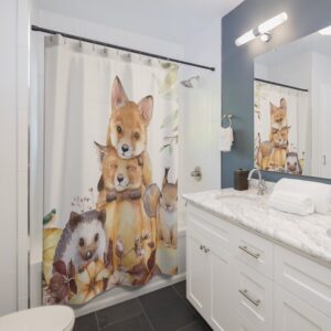 Animal Shower Curtain, Children Bathroom Shower Curtain Print, Kids Bath Design, Fox, Hedgehog, Squirrel Print