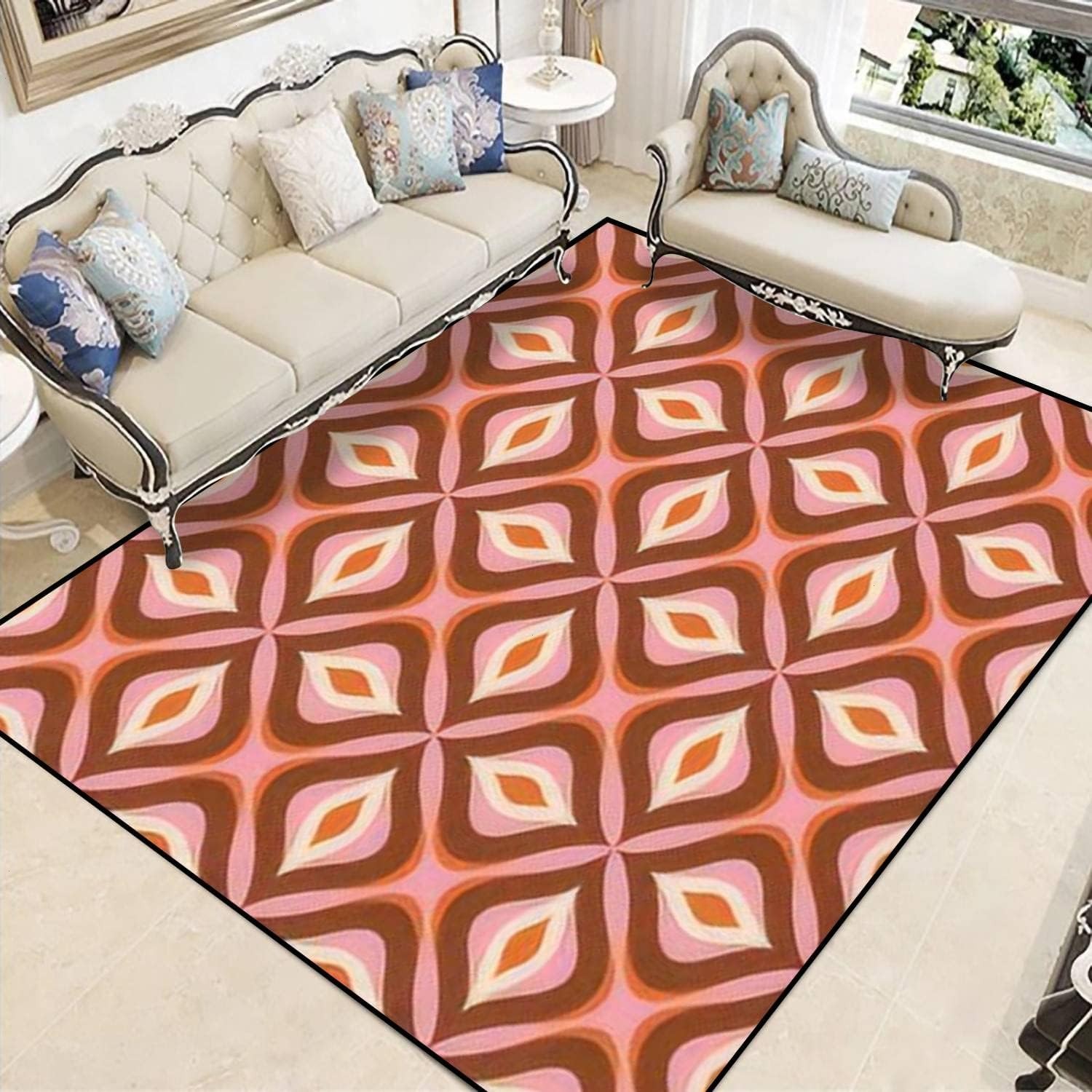 Area Rug 70s Retro Seamless Orange Brown Pink Beige 60s 70s Retro Style Soft Non-Slip Carpet Floor Mat Runner Rug Yoga Mat Indoor Outdoor Home Decor for Living Room Bedroom Kids Room