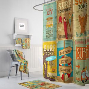 Beach Theme Shower Curtain Surfer Advertising Optional Bath Towels Mat Bathroom Set, Vintage Retro Design