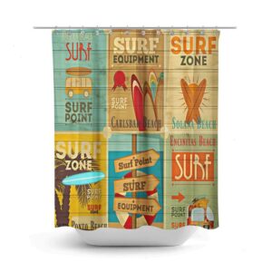 Beach Theme Shower Curtain Surfer Advertising Optional Bath Towels Mat Bathroom Set, Vintage Retro Design