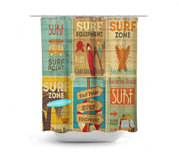 Beach Theme Shower Curtain Surfer Advertising Optional Bath Towels Mat Bathroom Set, Vintage Retro Design