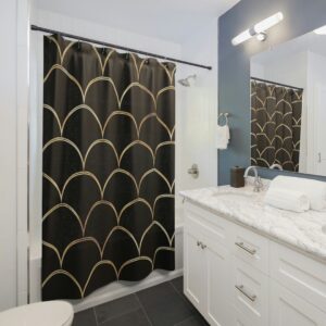 Black and Gold Royal Mermaid Scales Shower Curtain, Ocean Theme Shower Curtain, Modern Coastal Bathroom Shower Curtain
