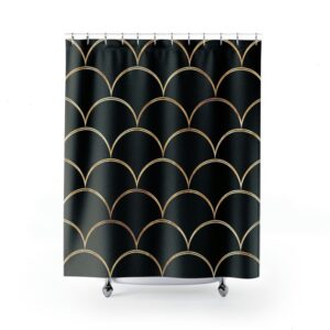 Black and Gold Royal Mermaid Scales Shower Curtain, Ocean Theme Shower Curtain, Modern Coastal Bathroom Shower Curtain