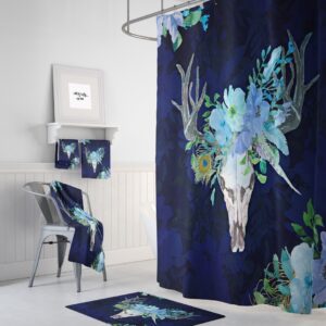 Blue Boho Chic Bull Skull Shower Curtain Optional Bath Mat, Bath Towels, Bathroom Decor