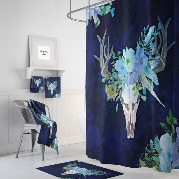 Blue Boho Chic Bull Skull Shower Curtain Optional Bath Mat, Bath Towels, Bathroom Decor