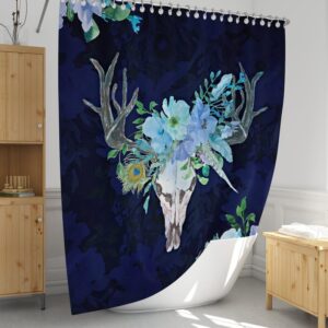 Blue Boho Chic Bull Skull Shower Curtain Optional Bath Mat, Bath Towels, Bathroom Decor
