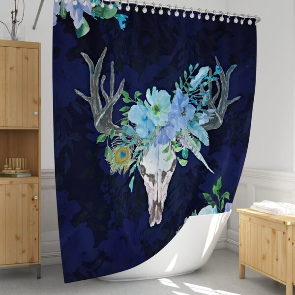 Blue Boho Chic Bull Skull Shower Curtain Optional Bath Mat, Bath Towels, Bathroom Decor