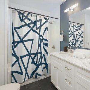 Blue and White Abstract Triangle Shower Curtain, Geometric Print Bath Curtain, Minimalistic Bathroom Gift idea