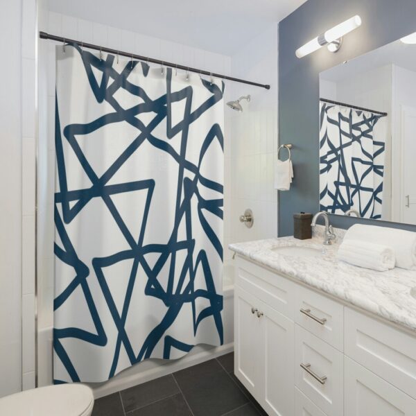 Blue and White Abstract Triangle Shower Curtain, Geometric Print Bath Curtain, Minimalistic Bathroom Gift idea