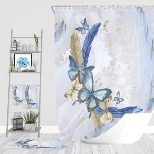 Boho Butterfly Bathroom Decor, Blue Shower Curtain, Bath Towels, Bath Mat, Hand Towel Options