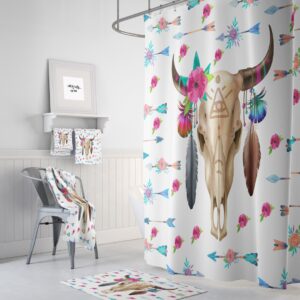 Boho Chic Bull Skull Shower Curtain Optional Bath Mat, Bath Towels, Bathroom Decor, Pastel Arrow Floral
