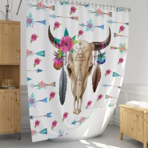 Boho Chic Bull Skull Shower Curtain Optional Bath Mat, Bath Towels, Bathroom Decor, Pastel Arrow Floral