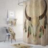 Boho Chic Bull Skull Shower Curtain Optional Bath Mat, Bath Towels, Bathroom Set Beige Watercolor