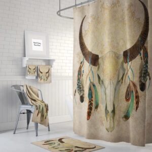 Boho Chic Bull Skull Shower Curtain Optional Bath Mat, Bath Towels, Bathroom Set Beige Watercolor