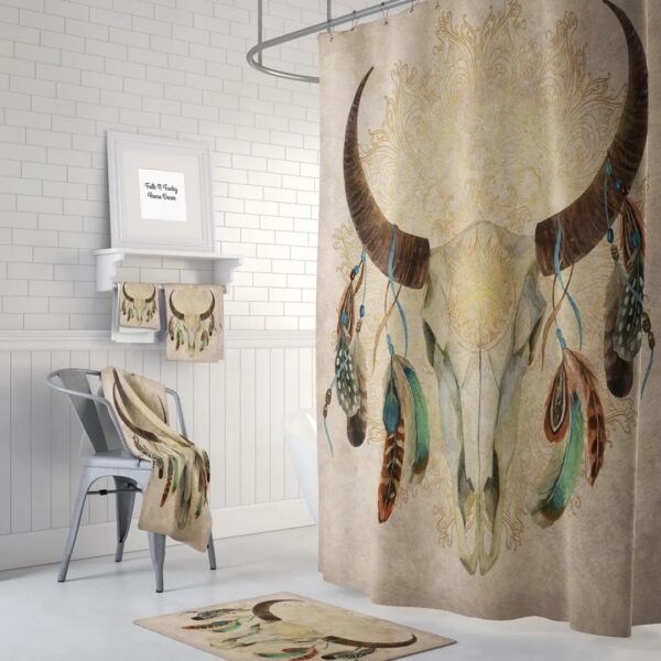 Boho Chic Bull Skull Shower Curtain Optional Bath Mat, Bath Towels, Bathroom Set Beige Watercolor