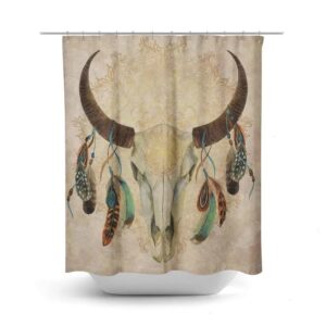 Boho Chic Bull Skull Shower Curtain Optional Bath Mat, Bath Towels, Bathroom Set Beige Watercolor
