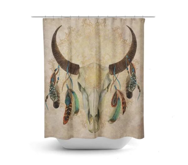 Boho Chic Bull Skull Shower Curtain Optional Bath Mat, Bath Towels, Bathroom Set Beige Watercolor
