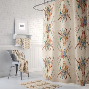 Boho Chic Shower Curtain, Bath Towels, Bath Mat, Southwest Bull Skull, Grunge, Floral. Beige