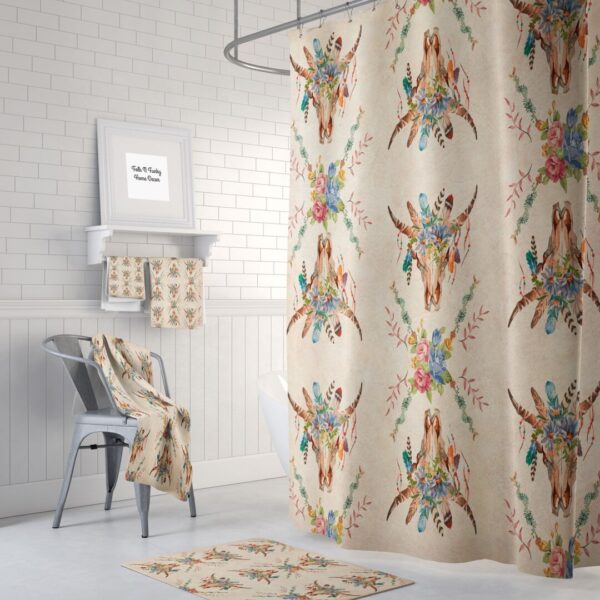 Boho Chic Shower Curtain, Bath Towels, Bath Mat, Southwest Bull Skull, Grunge, Floral. Beige