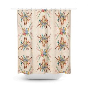 Boho Chic Shower Curtain, Bath Towels, Bath Mat, Southwest Bull Skull, Grunge, Floral. Beige