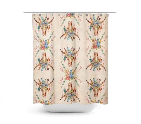 Boho Chic Shower Curtain, Bath Towels, Bath Mat, Southwest Bull Skull, Grunge, Floral. Beige