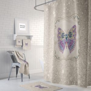 Boho Chic Shower Curtain, Sparking Butterfly, Optional Bath Mat Bathroom Set Gypsy Spirit