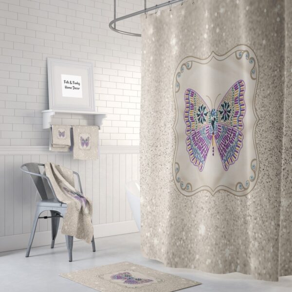 Boho Chic Shower Curtain, Sparking Butterfly, Optional Bath Mat Bathroom Set Gypsy Spirit